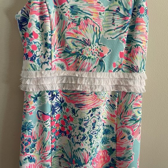 Lilly Pulitzer Sz XS Serene Blue Gypsea Preppy Tropical Arden Fringe Shift Dress - Picture 4 of 12